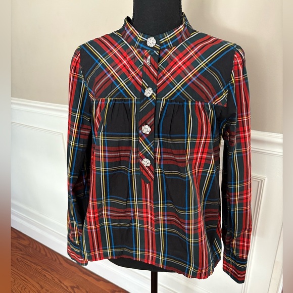 J Crew Fresco top with jeweled buttons in stewart tartan size Small - Picture 1 of 10